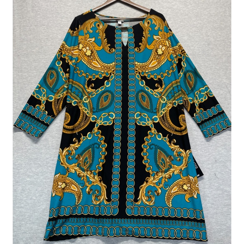 Avenue Shift Dress Womens 18/20 Multicolor Paisley Chain Link Print Keyhole Neck